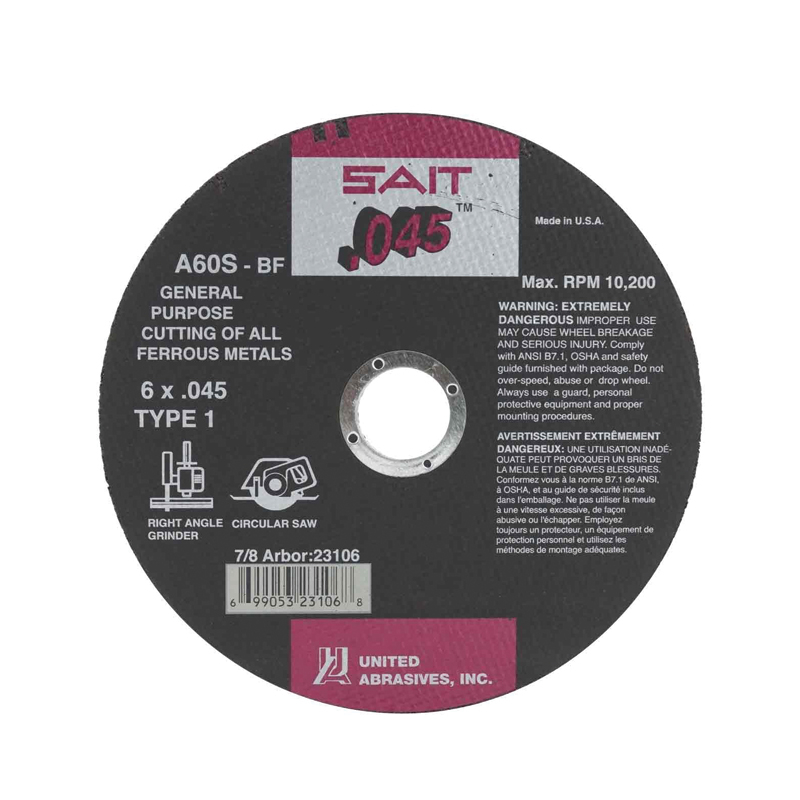 DISCO DE CORTE PARA METAL A60S 0.045" SAIT TIPO 1, 6" X 0.045" X 7/8" (23106)