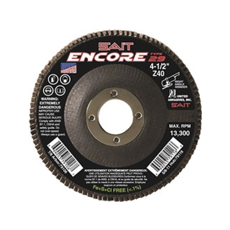 DISCO DE LIJA LAMINADO ENCORE SAIT, 4-1/2" X 5/8"-11 C/ADAPTADOR GRANO 40, (71216)