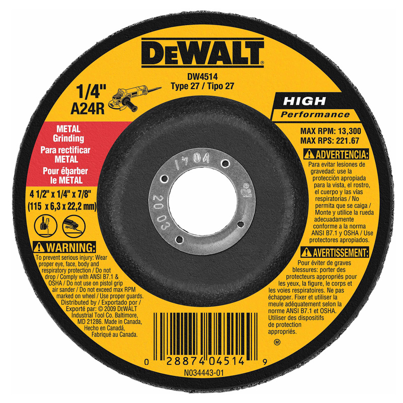 DISCO DESBASTE DEWALT 4 1/2" X 1/4" X 7/8" (DW4514)