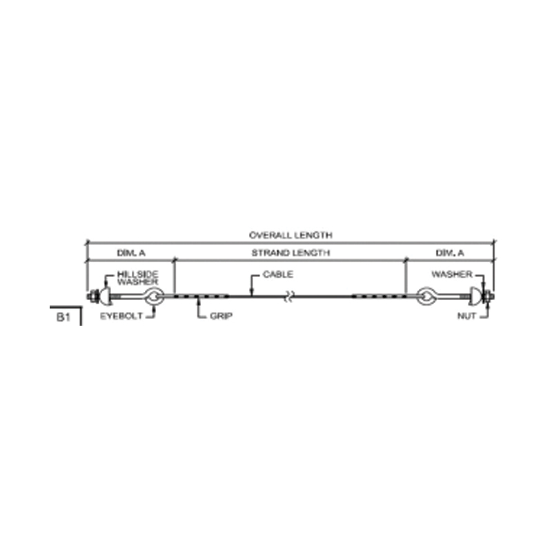 Sujetador de cables para montaje ensamblado completo de 3/8", A475, corte a longitud de 33?-2?, Con (2) agarres de refuerzo de 3/4" y (2) armellas o Cárcamos de 3/4"x8"